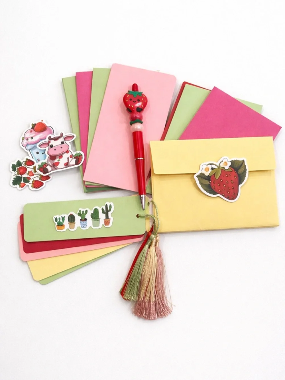 Cute Strawberry Stationery Gift Bundle – Pen, Cards, Bookmarks & Stickers